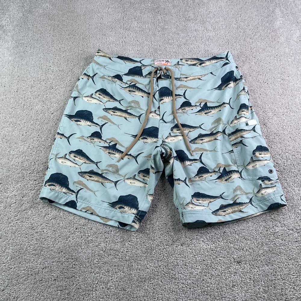 J Crew Board Shorts Mens 33 Blue Marlin Tuna Fish Print Flex Swim Trunks Summer